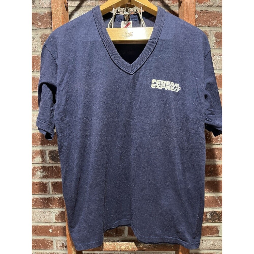 Vtg 80s Federal Express T Shirt Single Stitch V Neck USA Jerzees XL FedEx Navy